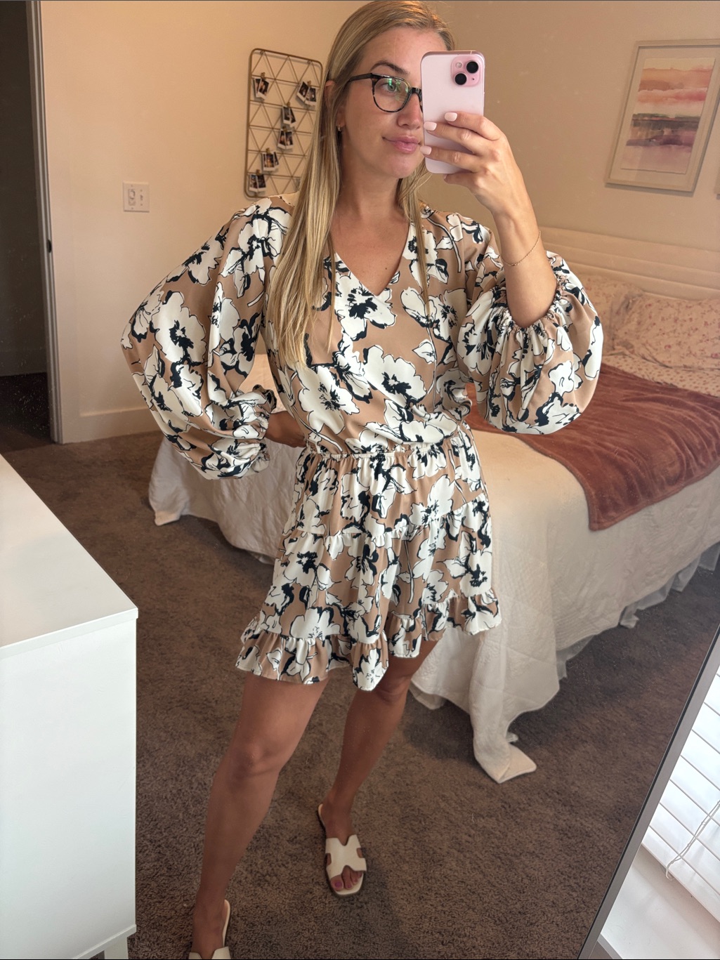 Floral V-Neck Tiered Mini Dress In Blush And White